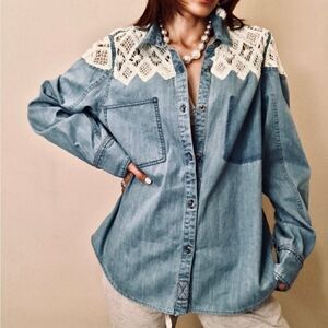 Free People Blue Denim Fields Oversized Button-down Size S